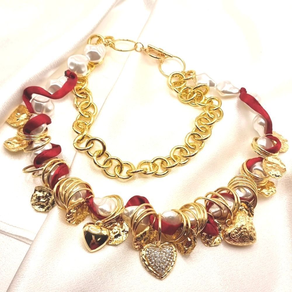 ZARA Heart  gold chain pearl satin ribbon necklace NWOT